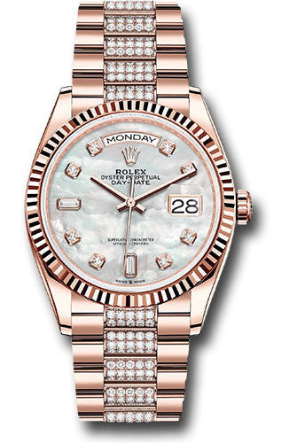 Rolex Everose Gold Day-Date 36 Watch - Fluted Bezel - White Mother-Of-Pearl Diamond Dial - Diamond President Bracelet -