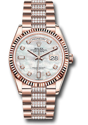 Rolex Everose Gold Day-Date 36 Watch - Fluted Bezel - White Mother-Of-Pearl Diamond Dial - Diamond President Bracelet - 128235 mddp
