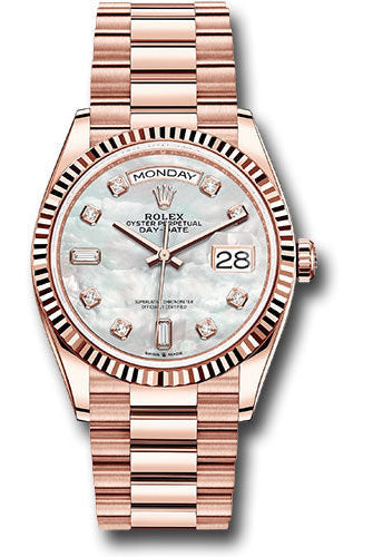 Rolex Everose Gold Day-Date 36 Watch - Fluted Bezel - Mother-of-Pearl Diamond Dial - President Bracelet - 128235 mdp