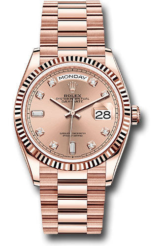 Rolex Everose Gold Day-Date 36 Watch - Fluted Bezel - Rose Diamond Dial - President Bracelet - 128235 rodp