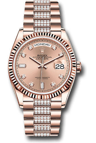 Rolex Everose Gold Day-Date 36 Watch - Fluted Bezel - Rose Diamond Dial - Diamond President Bracelet - 128235 rsddp