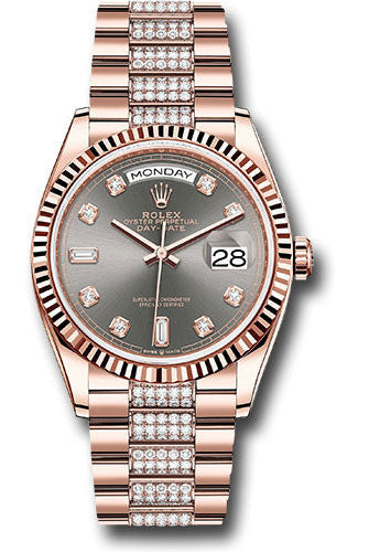 Rolex Everose Gold Day-Date 36 Watch - Fluted Bezel - Slate Diamond Dial - Diamond President Bracelet - 128235 slddp