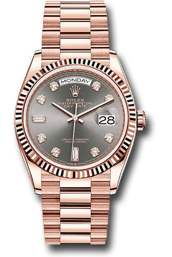 Rolex Everose Gold Day-Date 36 Watch - Fluted Bezel - Slate Diamond Dial - President Bracelet - 128235 sldp