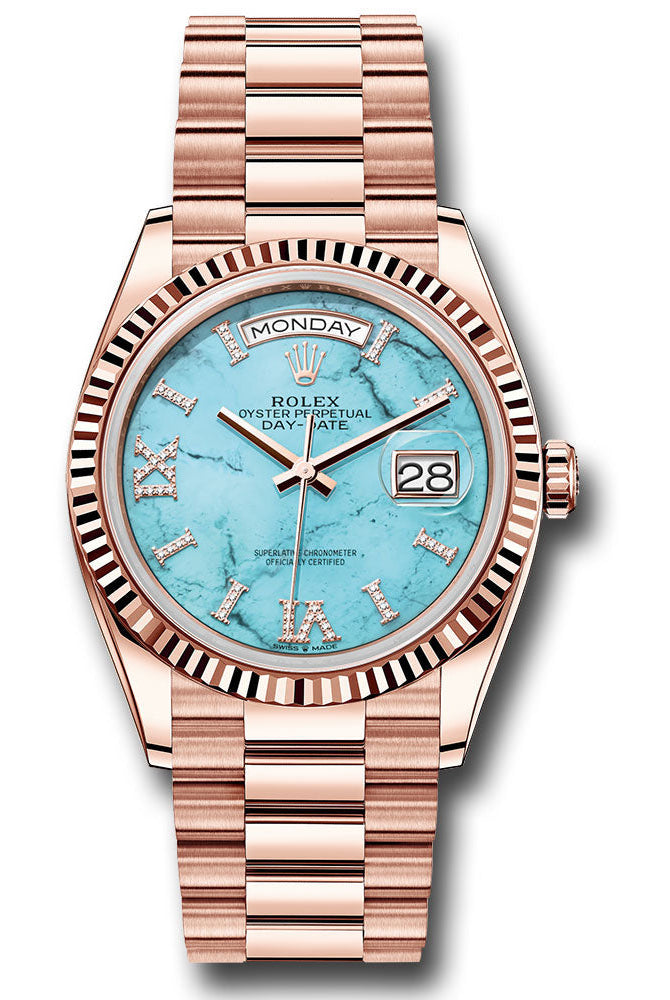 Rolex Everose Gold Day-Date 36 Watch - Fluted Bezel - Turquoise Diamond Index Roman 9 Dial - President Bracelet - 128235