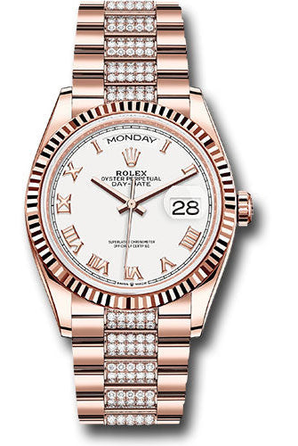 Rolex Everose Gold Day-Date 36 Watch - Fluted Bezel - White Roman Dial - Diamond President Bracelet - 128235 wrdp