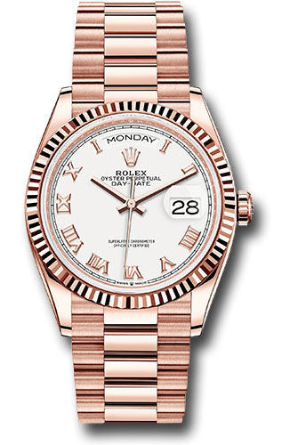 Rolex Everose Gold Day-Date 36 Watch - Fluted Bezel - White Roman Dial - President Bracelet - 128235 wrp