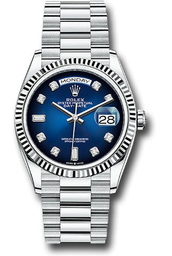 Rolex Platinum Day-Date 36 Watch - Fluted Bezel - Blue Ombre Diamond Dial - President Bracelet - 128236 blodp