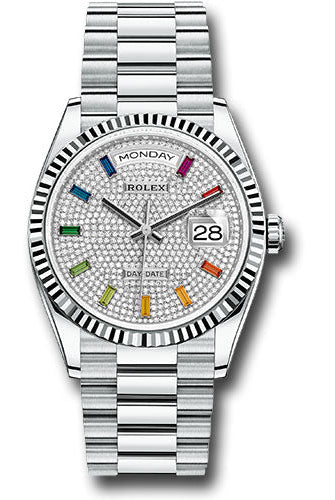 Rolex Platinum Day-Date 36 Watch - Fluted Bezel - Diamond-Paved Dial - President Bracelet - 128236 dprsp