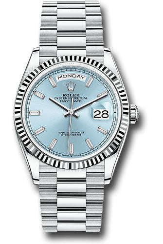 Rolex Platinum Day-Date 36 Watch - Fluted Bezel - Ice Blue Dial - President Bracelet - 128236 ibbdp
