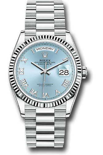 Rolex Platinum Day-Date 36 Watch - Fluted Bezel - Ice Blue Roman Dial - President Bracelet - 128236 ibrp