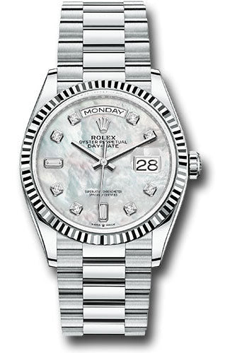 Rolex Platinum Day-Date 36 Watch - Fluted Bezel - White Mother-Of-Pearl Diamond Dial - President Bracelet - 128236 mdp
