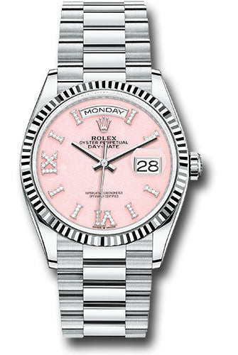 Rolex Platinum Day-Date 36 Watch - Fluted Bezel - Pink Opal Diamond Index Roman 9 Dial - President Bracelet - 128236 podidrp