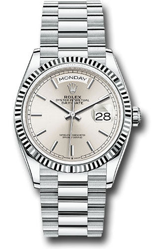 Rolex Platinum Day-Date 36 Watch - Fluted Bezel - Silver Index Dial - President Bracelet - 128236 sip