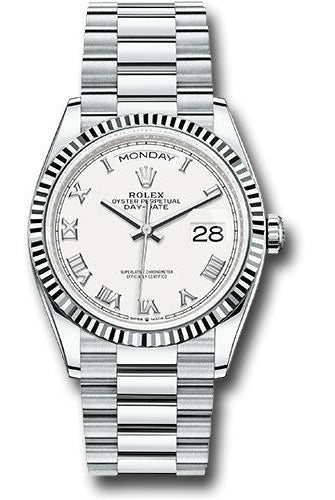 Rolex Platinum Day-Date 36 Watch - Fluted Bezel - White Roman Dial - President Bracelet - 128236 wrp