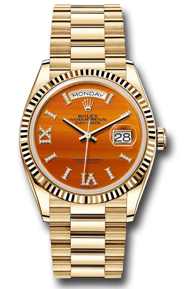 Rolex Yellow Gold Day-Date 36 Watch - Fluted Bezel - Carnelian Diamond Index Roman 9 Dial - President Bracelet - 128238