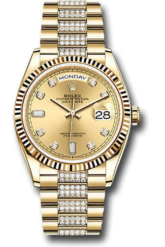 Rolex Yellow Gold Day-Date 36 Watch - Fluted Bezel - Champagne Diamond Dial - Diamond President Bracelet - 128238 chddp