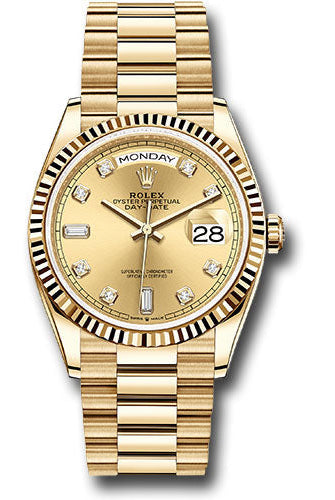 Rolex Yellow Gold Day-Date 36 Watch - Fluted Bezel - Champagne Diamond Dial - President Bracelet - 128238 chdp