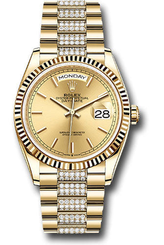 Rolex Yellow Gold Day-Date 36 Watch - Fluted Bezel - Champagne Index Dial - Diamond President Bracelet - 128238 chidp