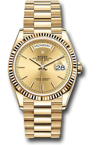 Rolex Yellow Gold Day-Date 36 Watch - Fluted Bezel - Champagne Index Dial - President Bracelet - 128238 chip
