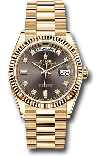 Rolex Yellow Gold Day-Date 36 Watch - Fluted Bezel - Dark Grey Diamond Dial - President Bracelet - 128238 dkgdp