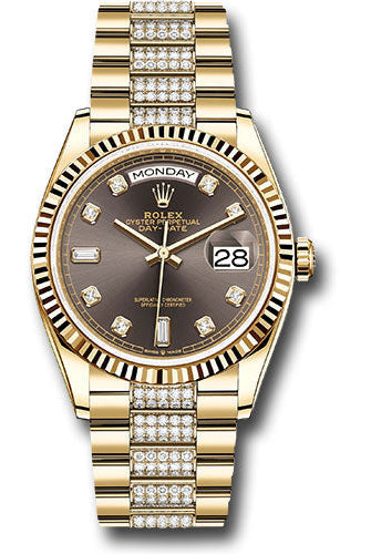Rolex Yellow Gold Day-Date 36 Watch - Fluted Bezel - Dark Grey Diamond Dial - Diamond President Bracelet - 128238 dkgrddp