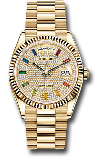 Rolex Yellow Gold Day-Date 36 Watch - Fluted Bezel - Diamond-Paved Rainbow Sapphire Dial - President Bracelet - 128238 dprsp