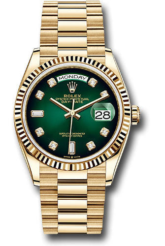 Rolex Yellow Gold Day-Date 36 Watch - Fluted Bezel - Green Ombre« Diamond Dial - President Bracelet - 128238 godp
