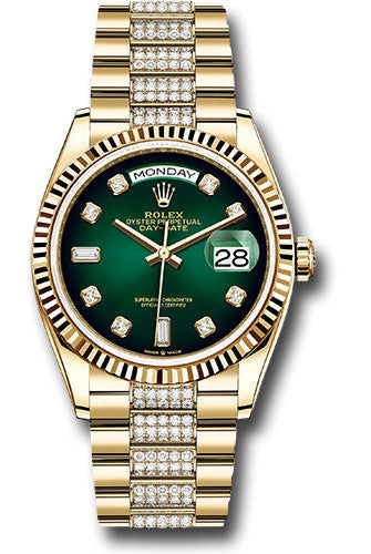 Rolex Yellow Gold Day-Date 36 Watch - Fluted Bezel - Green Ombre Diamond Dial - Diamond President Bracelet - 128238 groddp