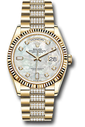 Rolex Yellow Gold Day-Date 36 Watch - Fluted Bezel - White Mother-Of-Pearl Diamond Dial - Diamond President Bracelet -