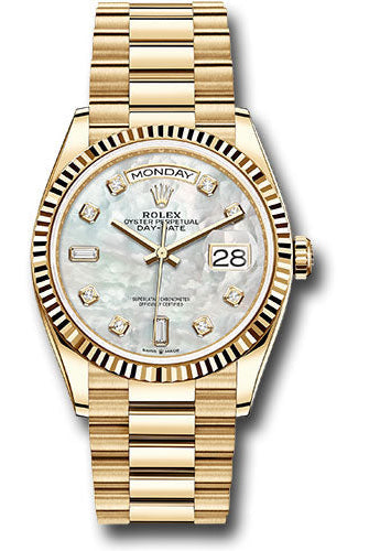 Rolex Yellow Gold Day-Date 36 Watch - Fluted Bezel - Mother-of-Pearl Diamond Dial - President Bracelet - 128238 mdp