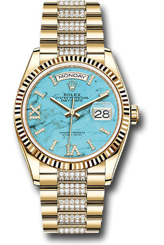 Rolex Yellow Gold Day-Date 36 Watch - Fluted Bezel - Turquoise Diamond Index Roman 9 Dial - Diamond President Bracelet -