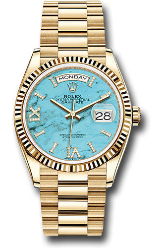 Rolex Yellow Gold Day-Date 36 Watch - Fluted Bezel - Turquoise Diamond Dial - President Bracelet - 128238 tdidrp