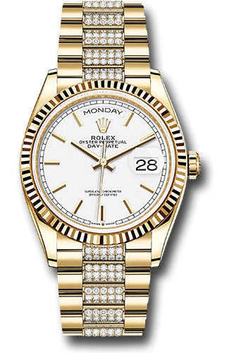 Rolex Yellow Gold Day-Date 36 Watch - Fluted Bezel - White Index Dial - Diamond President Bracelet - 128238 widp