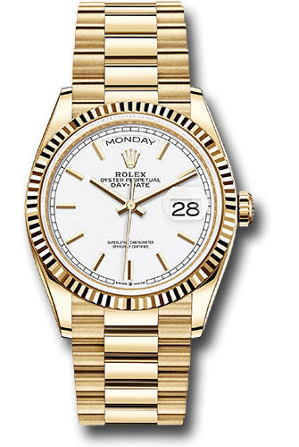 Rolex Yellow Gold Day-Date 36 Watch - Fluted Bezel - White Index Dial - President Bracelet - 128238 wip