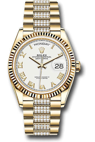 Rolex Yellow Gold Day-Date 36 Watch - Fluted Bezel - White Roman Dial - Diamond President Bracelet - 128238 wrdp