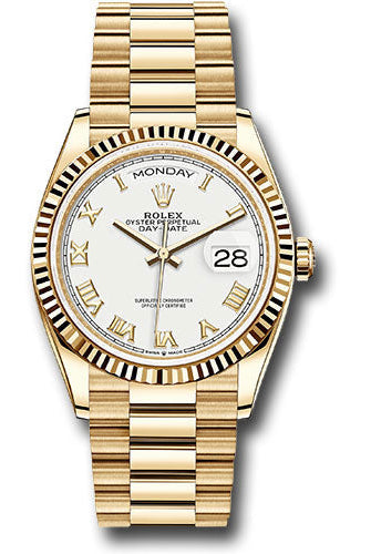 Rolex Yellow Gold Day-Date 36 Watch - Fluted Bezel - White Roman Dial - President Bracelet - 128238 wrp