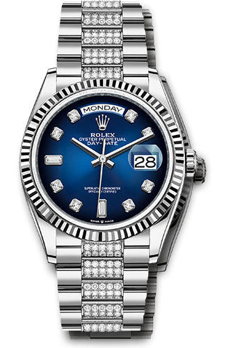 Rolex White Gold Day-Date 36 Watch - Fluted Bezel - Blue Ombre Diamond Dial - Diamond President Bracelet - 128239 bloddp