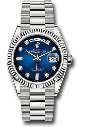 Rolex White Gold Day-Date 36 Watch - Fluted Bezel - Blue Ombre« Diamond Dial - President Bracelet - 128239 blodp