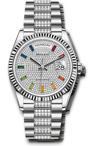 Rolex White Gold Day-Date 36 Watch - Fluted Bezel - Diamond-Paved Dial - Diamond President Bracelet - 128239 dprsdp