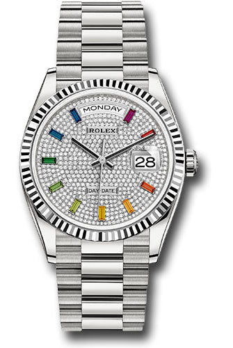 Rolex White Gold Day-Date 36 Watch - Fluted Bezel - Diamond Paved Rainbow Sapphire Dial - President Bracelet - 128239 dprsp