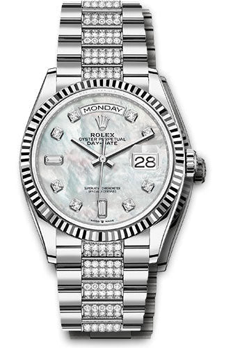 Rolex White Gold Day-Date 36 Watch - Fluted Bezel - White Mother-Of-Pearl Diamond Dial - Diamond President Bracelet - 128239