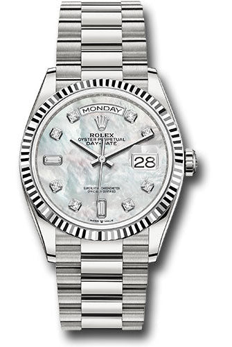 Rolex White Gold Day-Date 36 Watch - Fluted Bezel - Mother-of-Pearl Diamond Dial - President Bracelet - 128239 mdp