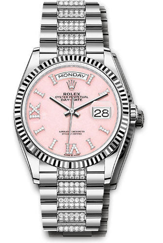 Rolex White Gold Day-Date 36 Watch - Fluted Bezel - Pink Opal Diamond Index Roman 9 Dial - Diamond President Bracelet -