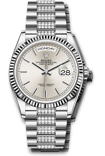 Rolex White Gold Day-Date 36 Watch - Fluted Bezel - Silver Index Dial - Diamond President Bracelet - 128239 sidp