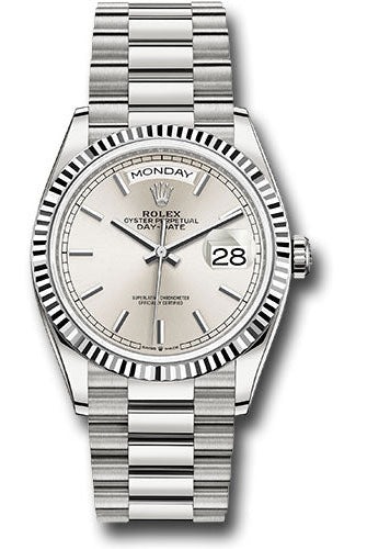 Rolex White Gold Day-Date 36 Watch - Fluted Bezel - Silver Index Dial - President Bracelet - 128239 sip