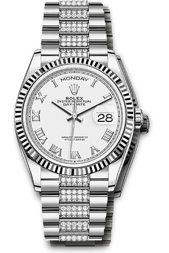 Rolex White Gold Day-Date 36 Watch - Fluted Bezel - White Roman Dial - Diamond President Bracelet - 128239 wrdp