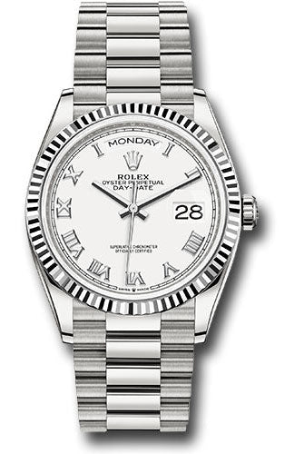 Rolex White Gold Day-Date 36 Watch - Fluted Bezel - White Roman Dial - President Bracelet - 128239 wrp