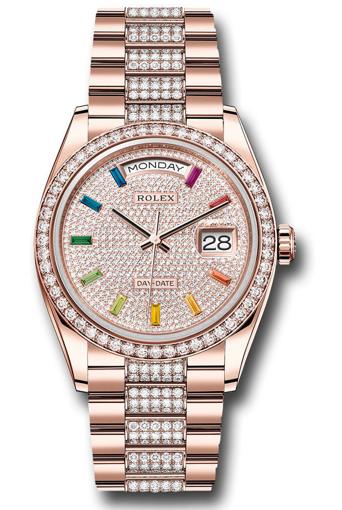 Rolex Everose Gold Day-Date 36 Watch - Diamond Bezel - Diamond-Paved Rainbow Sapphire Dial - Diamond President Bracelet -