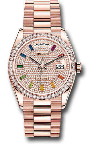 Rolex Everose Gold Day-Date 36 Watch - Diamond Bezel - Diamond-Paved Rainbow Sapphire Dial - President Bracelet - 128345RBR