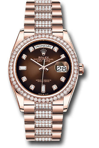 Rolex Everose Gold Day-Date 36 Watch - Diamond Bezel - Brown Ombre Diamond Dial - Diamond President Bracelet - 128345rbr